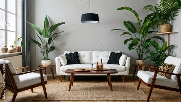 Fototapeta Urban jungle in trendy living room interior with white couch with black knot pillow and wooden furniture, copy space on empty wall