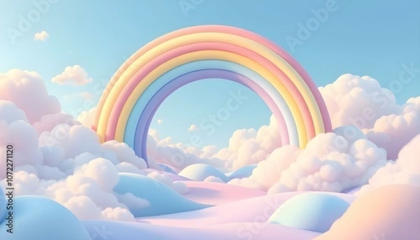 Fototapeta 3d rendered cartoon rainbow land. 3d cartoon landscape composition with green hills, trees, rainbow, sun, white clouds. Modern stylized children's concept background. Sweet nature environment panorama