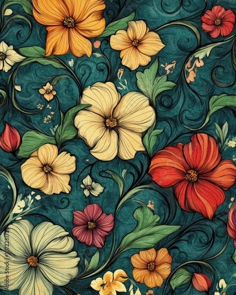 Fototapeta A detailed hand-drawn pattern with swirling vines and blooming flowers, illustrated in fine lines and vibrant colors, creating an elegant and artistic design suitable for home decor or fashion fabrics