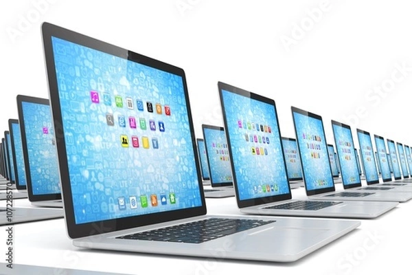 Fototapeta many  laptop on white background. 3d rendering.