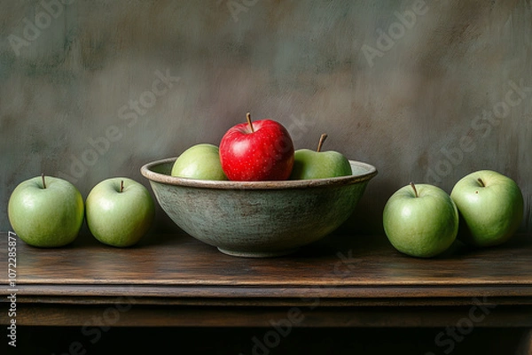 Fototapeta Bowl of apples with one red apple and four green apples. The bowl is on a table