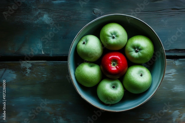 Fototapeta Bowl of apples with one red apple in the middle. There are six green apples surrounding the red apple