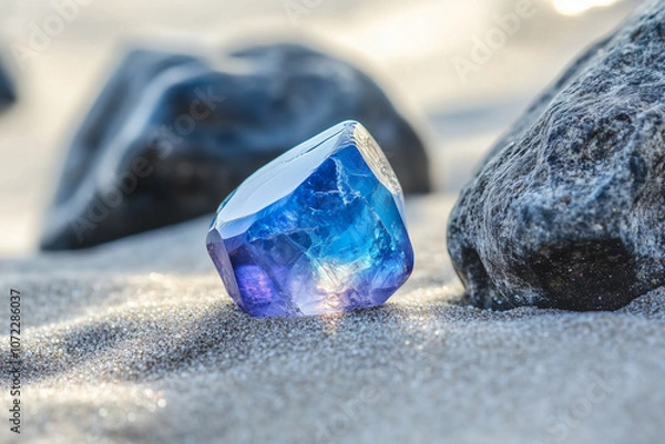 Fototapeta Blue crystal is on the sand. It is surrounded by rocks. The rocks are grey and black