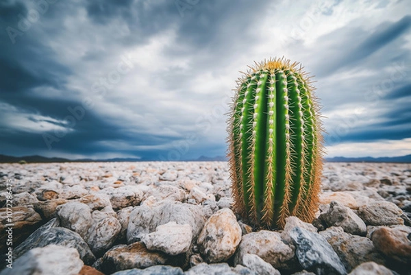 Fototapeta Cactus is standing on a rocky surface. The cactus is green and has a spiky appearance