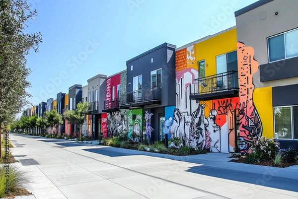 Fototapeta Street with colorful buildings and a mural on the side