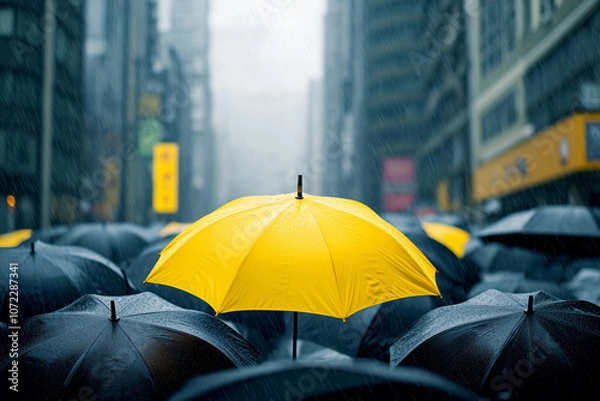 Fototapeta Yellow umbrella is in the middle of a group of black umbrellas