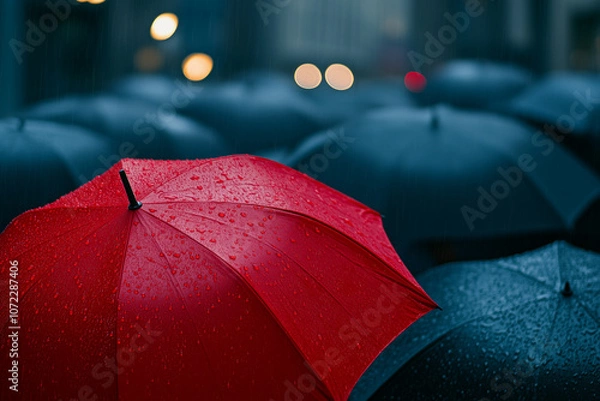 Fototapeta Red umbrella is in the middle of a group of umbrellas