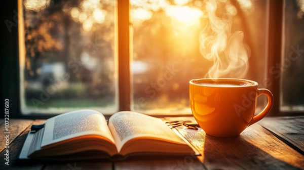 Fototapeta Coffee cup with aromatic steam on a wooden table, next to a book and a notebook, in the background you can see a cozy cafe with light streaming through the window