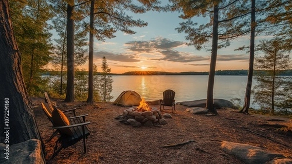 Obraz Scenic campsite by a tranquil lake at sunset with a campfire, tent, and chairs under tall trees