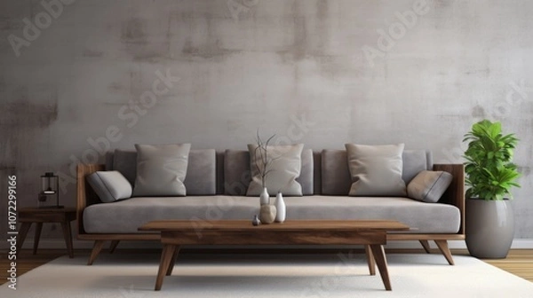 Fototapeta interior design concept sofa with gray upholstery coffee table with wooden surface on beige wall background designer vases on the table