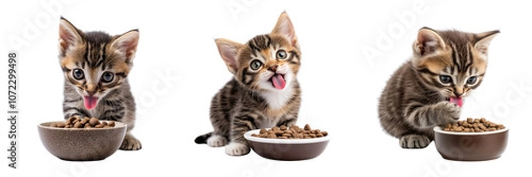 Fototapeta Set of Cute adorable tabby striped mongrel kitten eats isolated on a transparent background