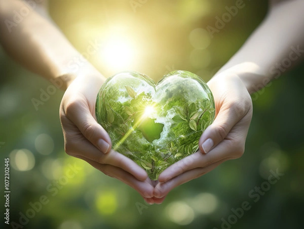 Fototapeta Heart-Shaped Hands Cradling Earth Globe, Symbolizing Earth Day and Global Warming