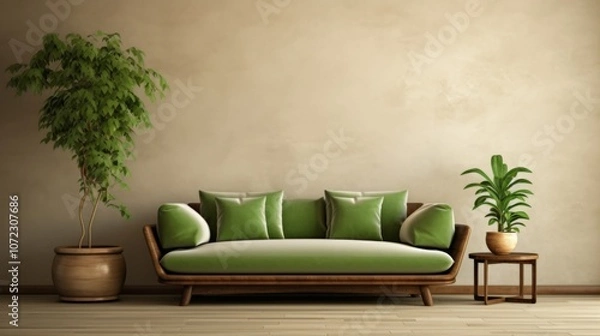 Fototapeta interior design concept sofa with green upholstery coffee table with wooden surface on beige wall background , trees in pots