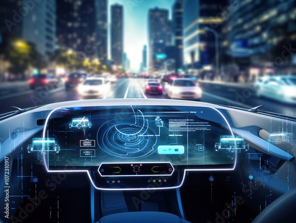 Fototapeta Intelligent Car System with Heads Up Display (HUD) and Autonomous Driving on City Roads
