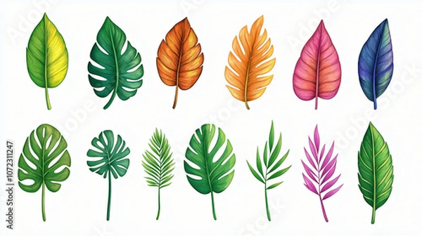 Fototapeta illustration set of tropical leaves, vibrant colorful. Vibrant Collection of Holographic Monstera and Palm Leaves Creating a Modern Botanical Rainbow on Black Background, Isolated Background