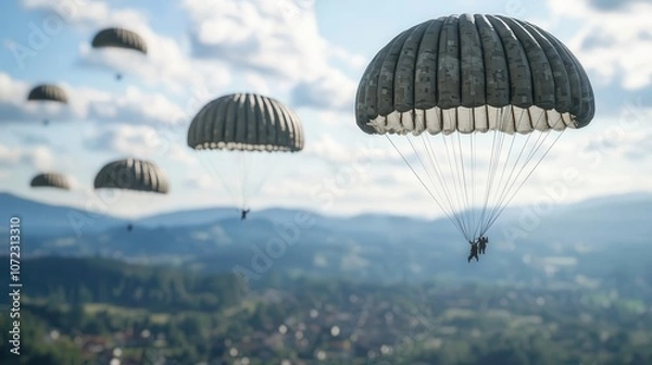 Fototapeta American paratroopers descending over a European village, gliders and planes in the sky above