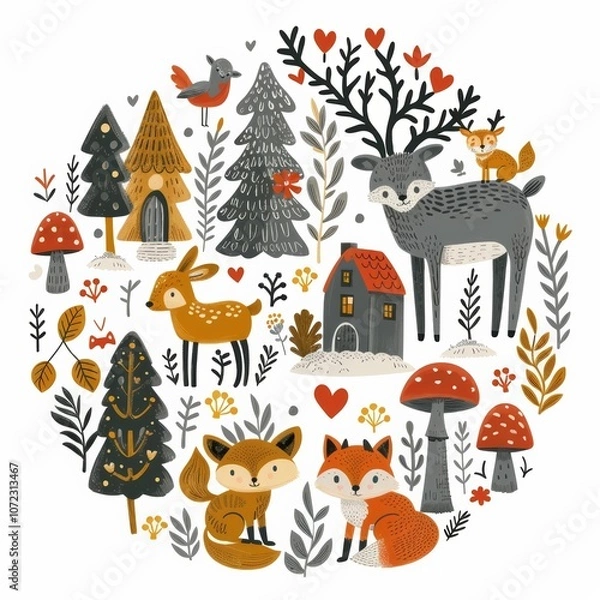 Obraz Cozy Scandinavian Winter Forest Animals Circle for New Year Card or Wall Art