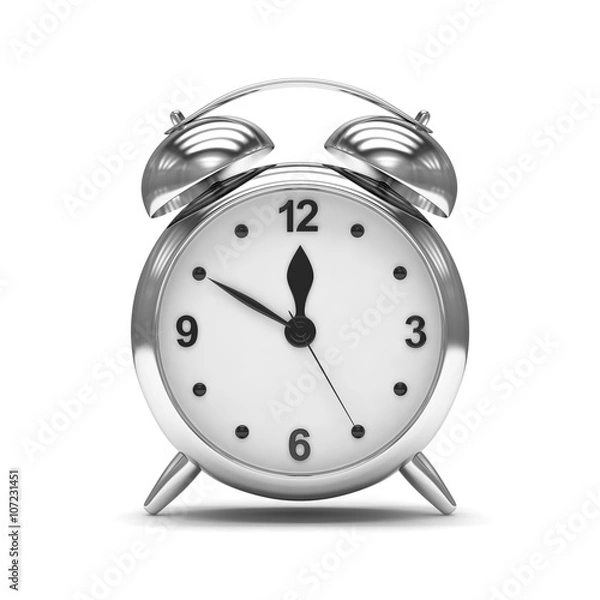 Fototapeta Chrome alarm clock on white. 3d rendering.