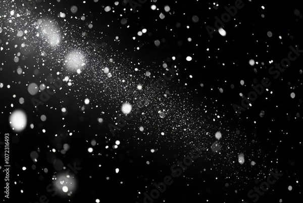 Obraz Snowflakes falling down on black background, heavy snow flakes isolated, Flying rain, overlay effect for composition , isolated on white background,  , copy space for text,