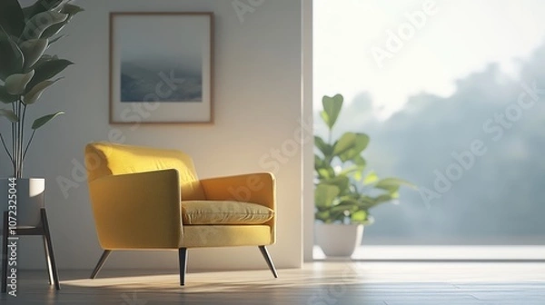 Fototapeta A cozy yellow armchair in a sunlit room with greenery, perfect for relaxation and comfort.