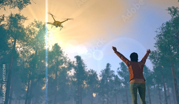 Fototapeta 3D render of female figure in a forest setting waving to a UAV drone. Fictitious UAV is a unique design. Depicting drone in search and rescue operation; lens flare, depth-of-field, motion blur.