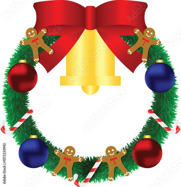 Obraz Christmas Wreath With Red Ribbon Christmas Balls Candy Cane and Gingerbread Man