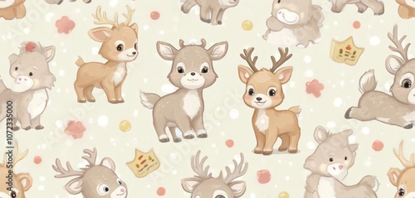 Fototapeta  Cartoon Baby Deer with Floral Details in a Repeated Whimsical Pattern