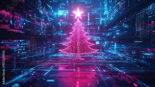 Fototapeta Futuristic pink Christmas tree with star on a digital background, illuminating the scene with neon glow.