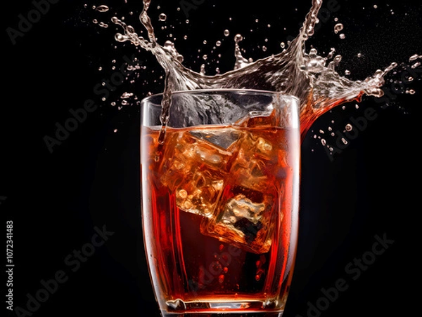 Obraz Close Up Photography of Dynamic Vibrant Red Soda Juice Splashing in Glass for a Refreshing Look Fresh Burst of Flavor. Glass with Cola and Ice Cube on Dark Square Background