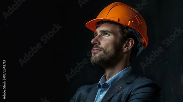 Fototapeta A confident engineer or architect wearing an orange safety helmet, gazing thoughtfully into the distance. Perfect for construction, leadership, and professional themes.