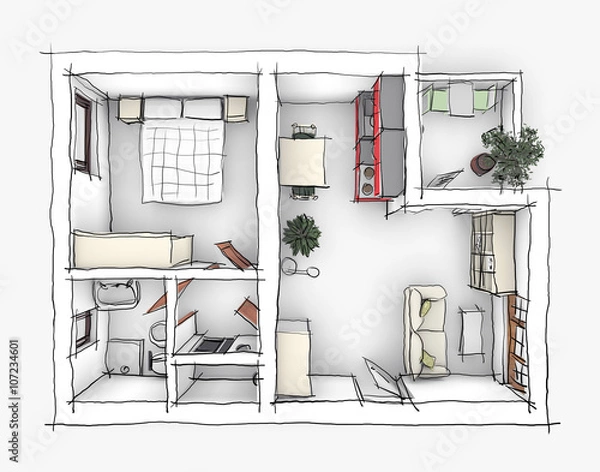Obraz 3d rendering illustration sketch of interior apartment with furnishings