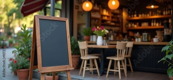 Fototapeta Blank chalkboard sign outside a cozy café with colorful flowers in a vase