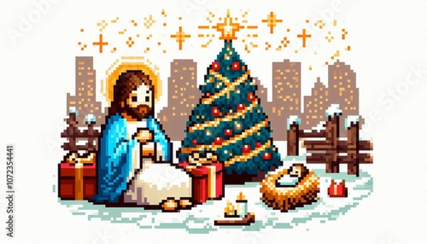 Fototapeta pixel art style christmas themed illustration of the birth of jesus