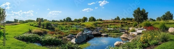 Fototapeta Serene landscape with a winding stream, lush greenery, and blue sky