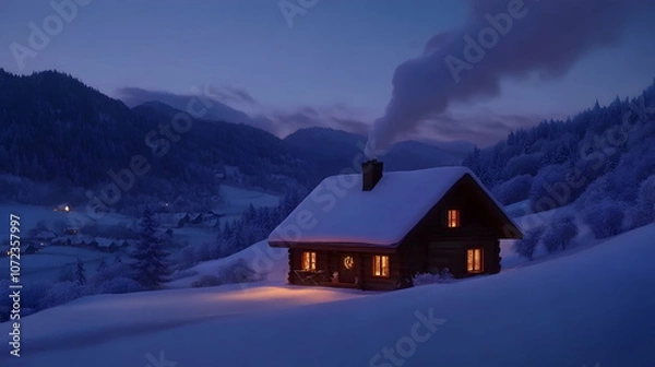 Obraz A cozy cabin with snow-covered roof and lit windows nestled in a snowy mountain valley.