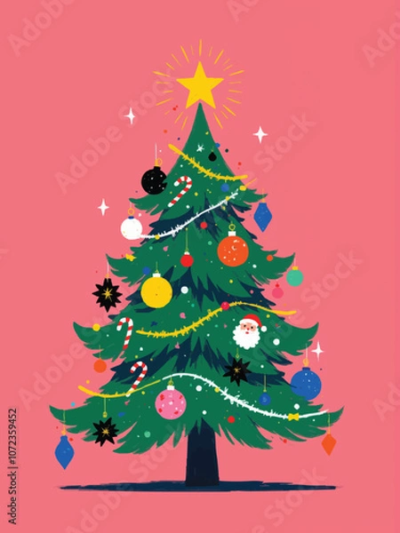 Fototapeta illustration christmas tree with christmas decorating, topped with a gold star, set against a fun pink background for a modern twist on a traditional holiday scene