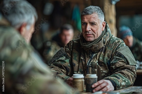 Fototapeta Two soldiers in camouflage gear engage in conversation at a table, sipping coffee. The setting is a rustic military camp, indicating cold weather conditions