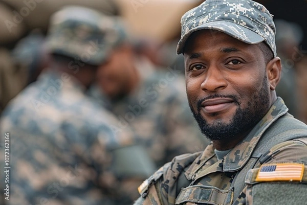 Fototapeta A U.S. soldier with a friendly smile stands confidently in uniform during a training exercise at a military base. Fellow servicemen can be seen engaged in various activities in the background
