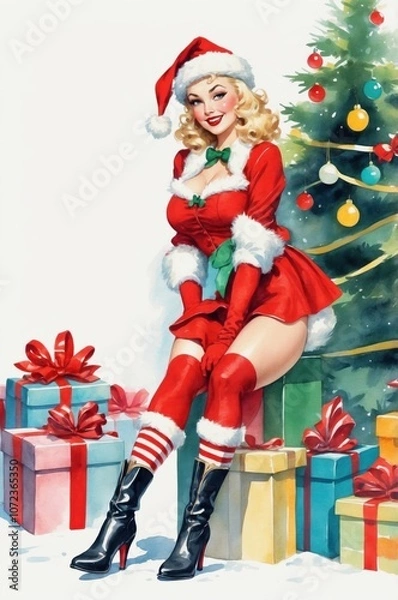 Obraz Irreverent Christmas Pin-Up with Gifts and Christmas Tree – Festive Vintage Style Holiday Illustration