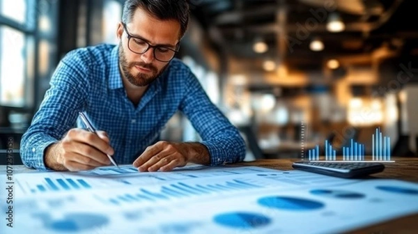 Fototapeta Focused businessman analyzing reports and making notes in a modern office environment, showcasing data metrics and financial growth trends with charts and graphs.