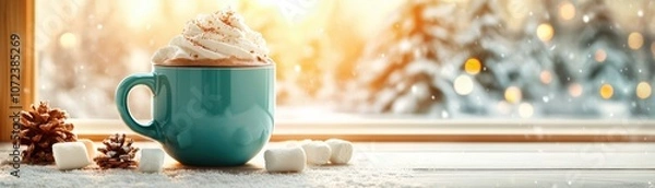 Fototapeta A vibrant blue mug of hot chocolate with whipped cream and sprinkles, set against a snowy window view with pinecones