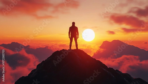 Fototapeta Bold silhouette of 2025 on a mountain edge, glowing sunrise casting long shadows, brilliant sunbeams lighting up the sky in warm tones
