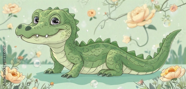 Fototapeta  Cartoon-style baby crocodile with flowers in a garden on a soft green background