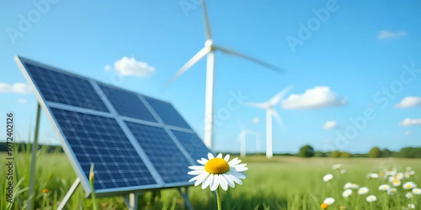 Fototapeta Close-up of a daisy in a green field near solar panels and wind turbines under a bright blue sky