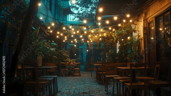 Fototapeta A cozy outdoor cafe with string lights and wooden tables and chairs under a canopy of trees at dusk.