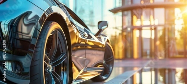 Fototapeta Sleek Sports Car Reflecting Sunlight Outside Glass-Walled Office Building for Business and Ambition Themes