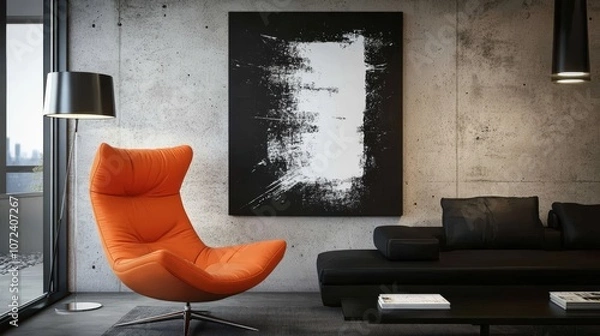 Fototapeta Modern living room featuring an orange chair and abstract wall art in a stylish setting.