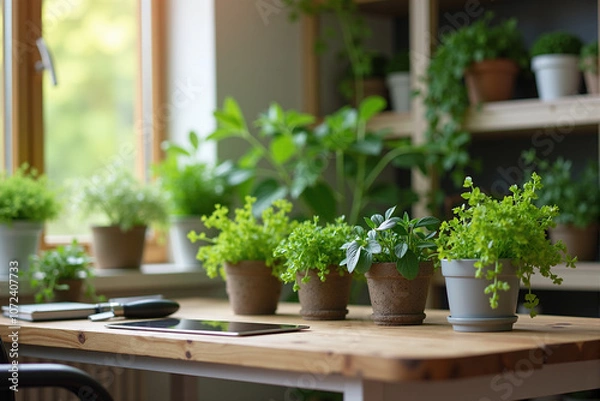 Fototapeta Wooden desk with potted herbs bringing a fresh feel to the workspace
