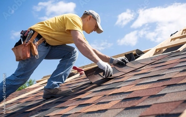 Fototapeta A close-up of roofers installing asphalt shingles on a residential rooftop under clear skies.