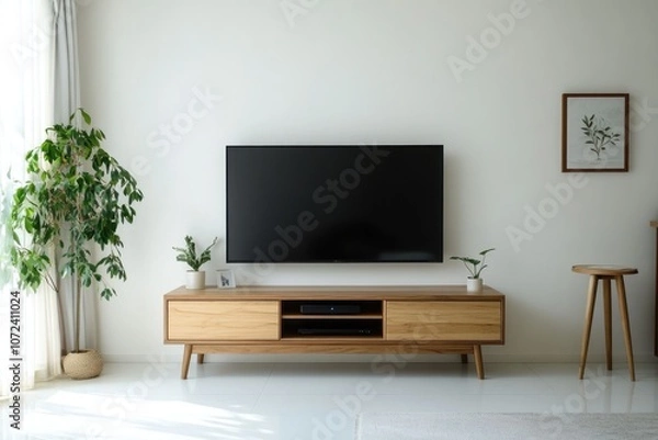 Fototapeta Sleek Living Room Interior with Minimalist TV Design on White Wall